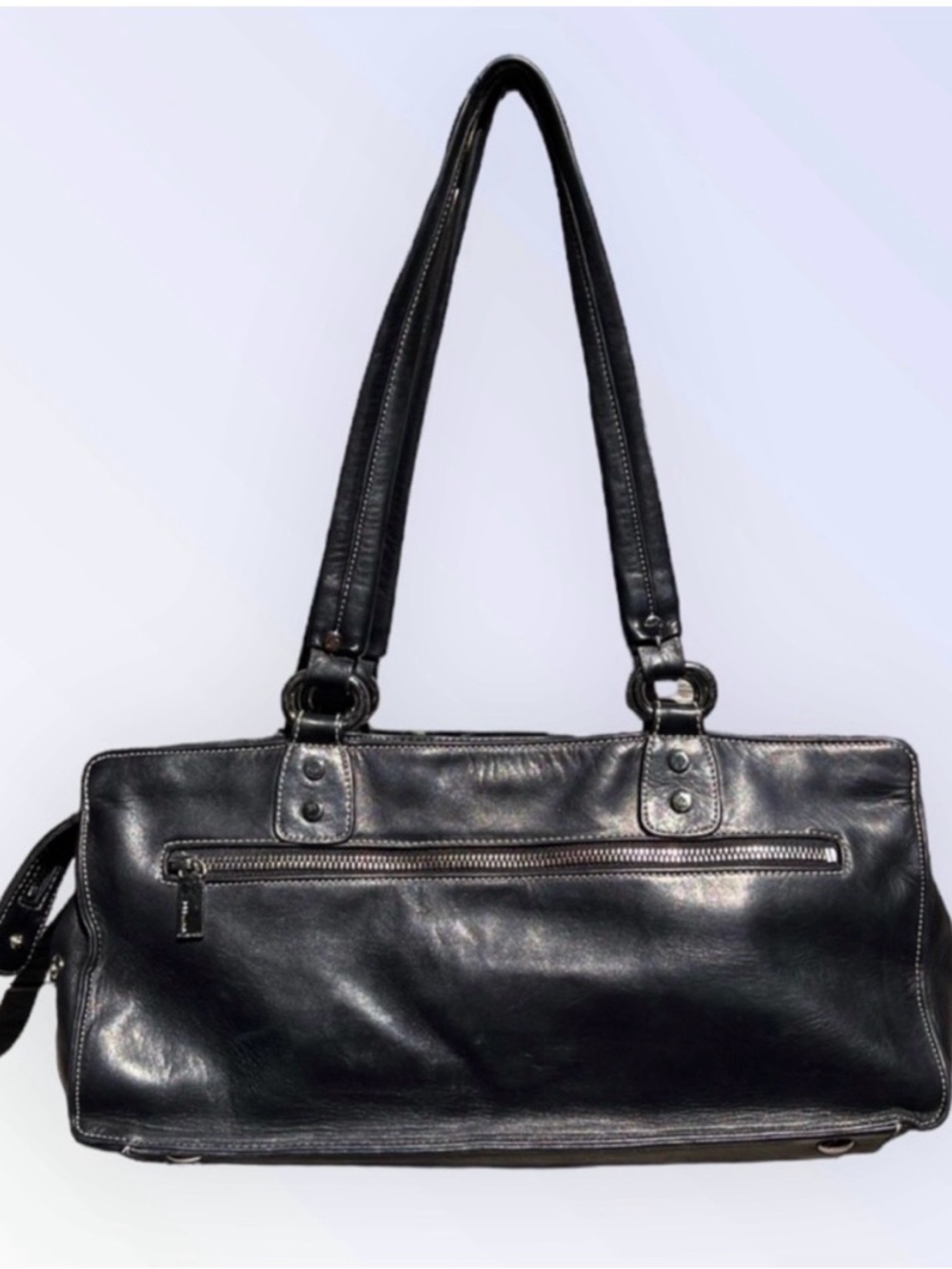 Perlina New York Black Soft Leather Shoulder Bag. Silver hardware. GUC